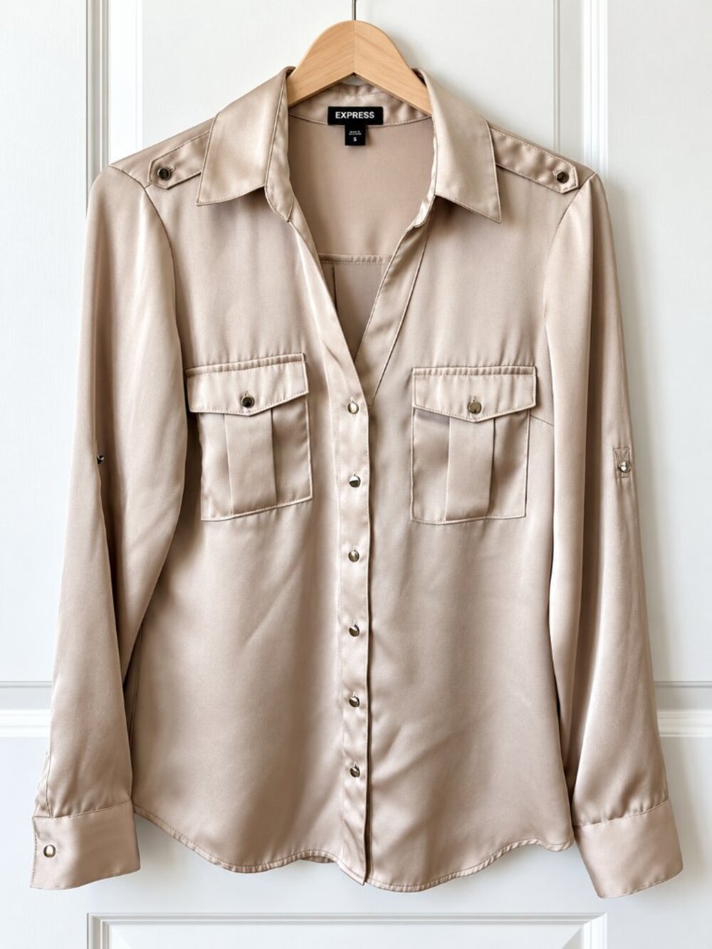 Express Small Champagne Satin Utility Blouse Roll Tab Button Down